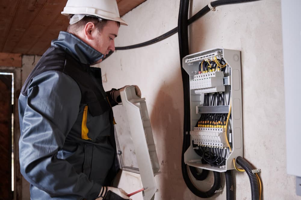 Elektriker bei Installationsarbeiten für erneuerbare Energieanlagen