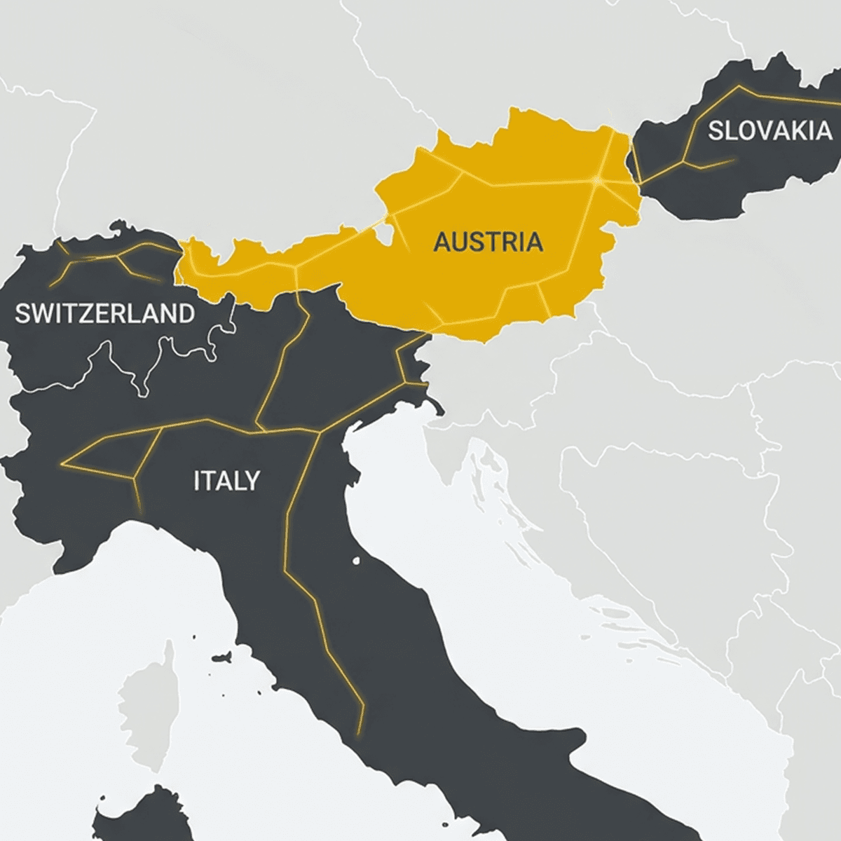 Map showing Austria, Switzerland, Italy and Slovakia